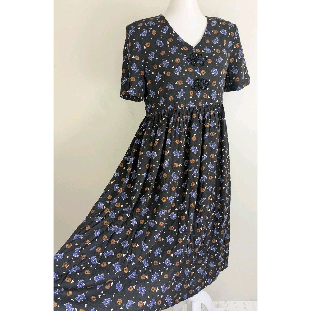 Vintage 90s Rayon Midi Dress Black Retro Cottage Core Print Back Tie 6 8 Petite